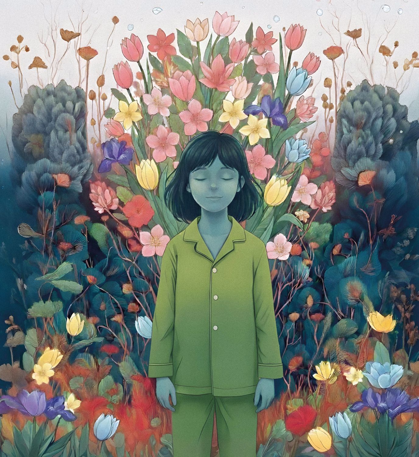 Image of sleeping girl surrounded by flowers
