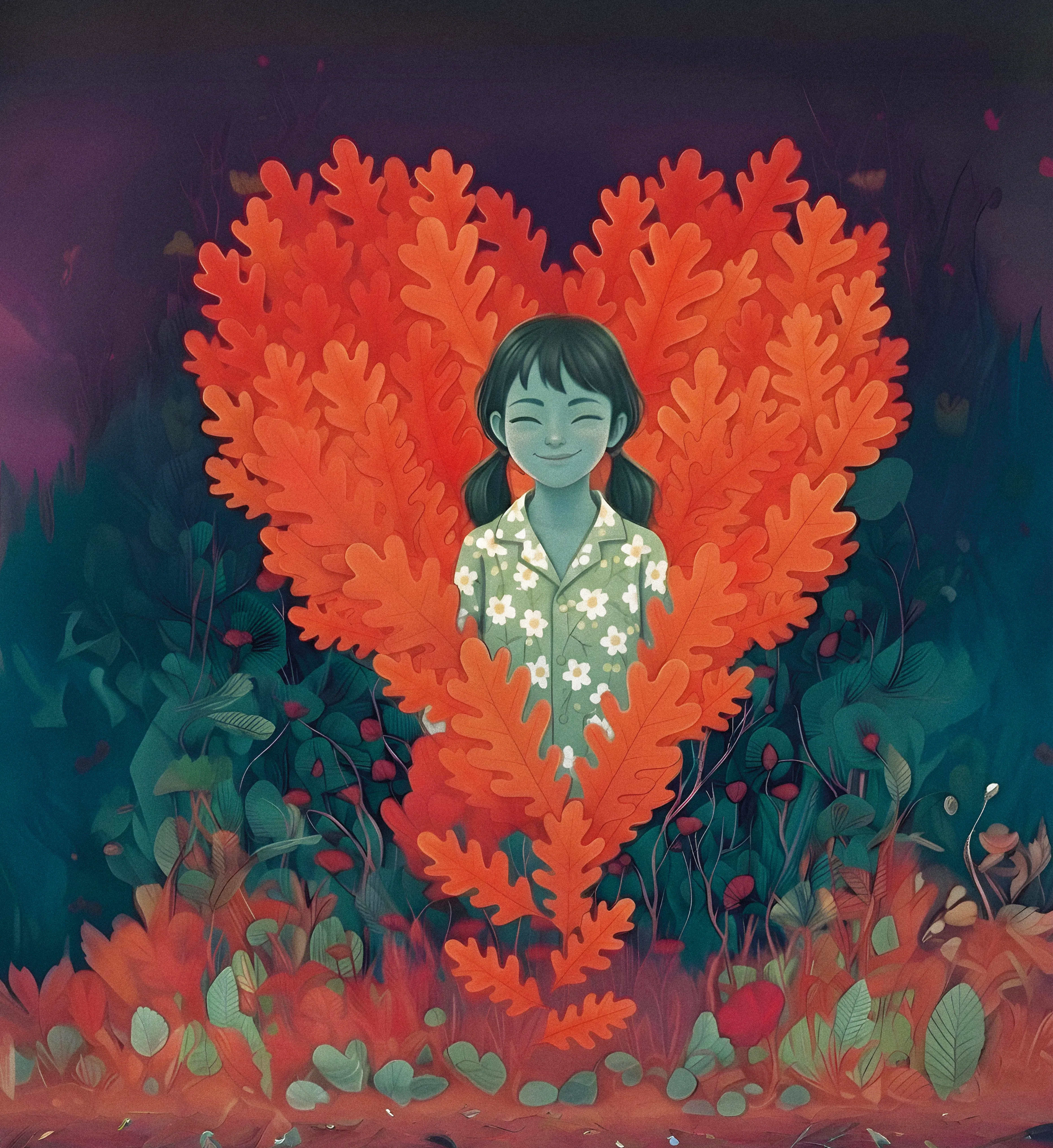 Image of a child in a heart shaped red bush